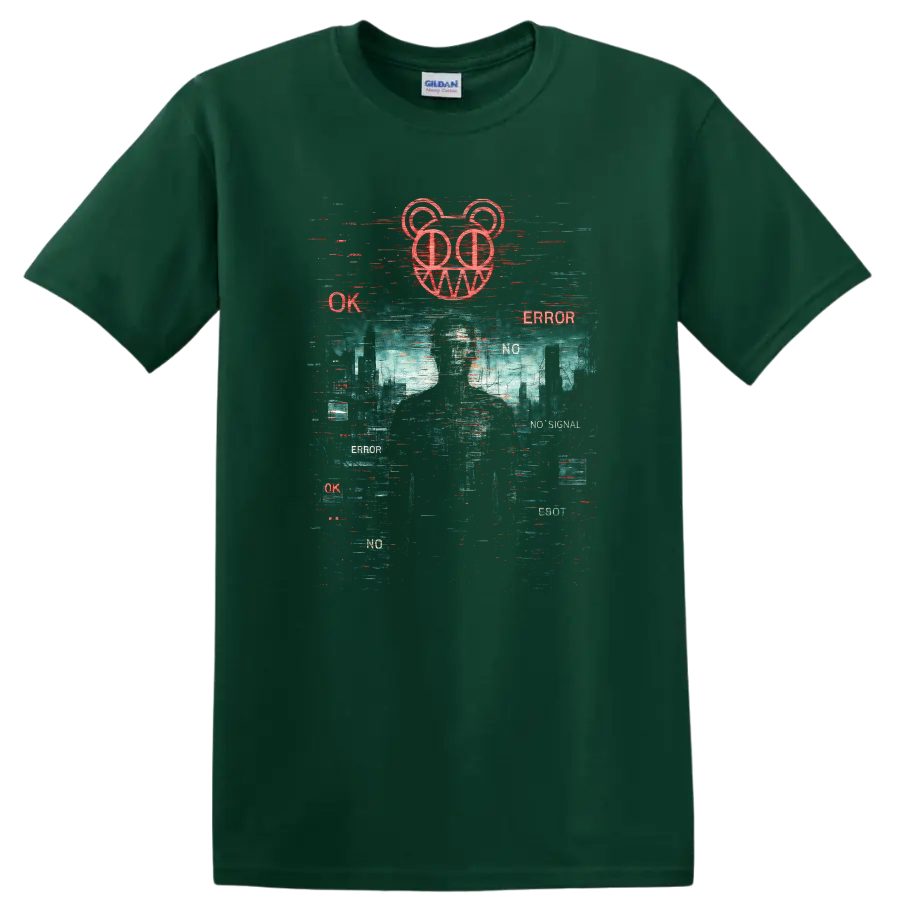 Vintage Classic Rock Album Cover Art T Shirt inspired by Radiohead on a Forest Green T Shirt