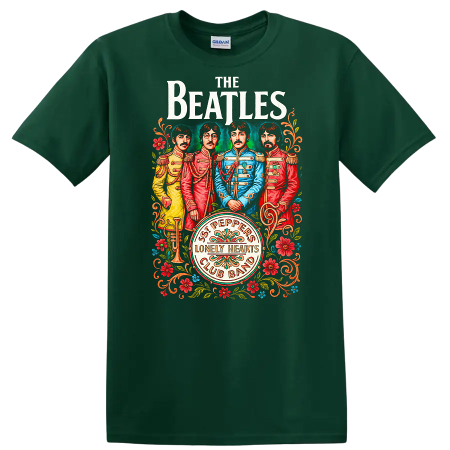 The Beatles Sgt. Pepper Inspired Retro Rock Legend T Shirt - Forest Green