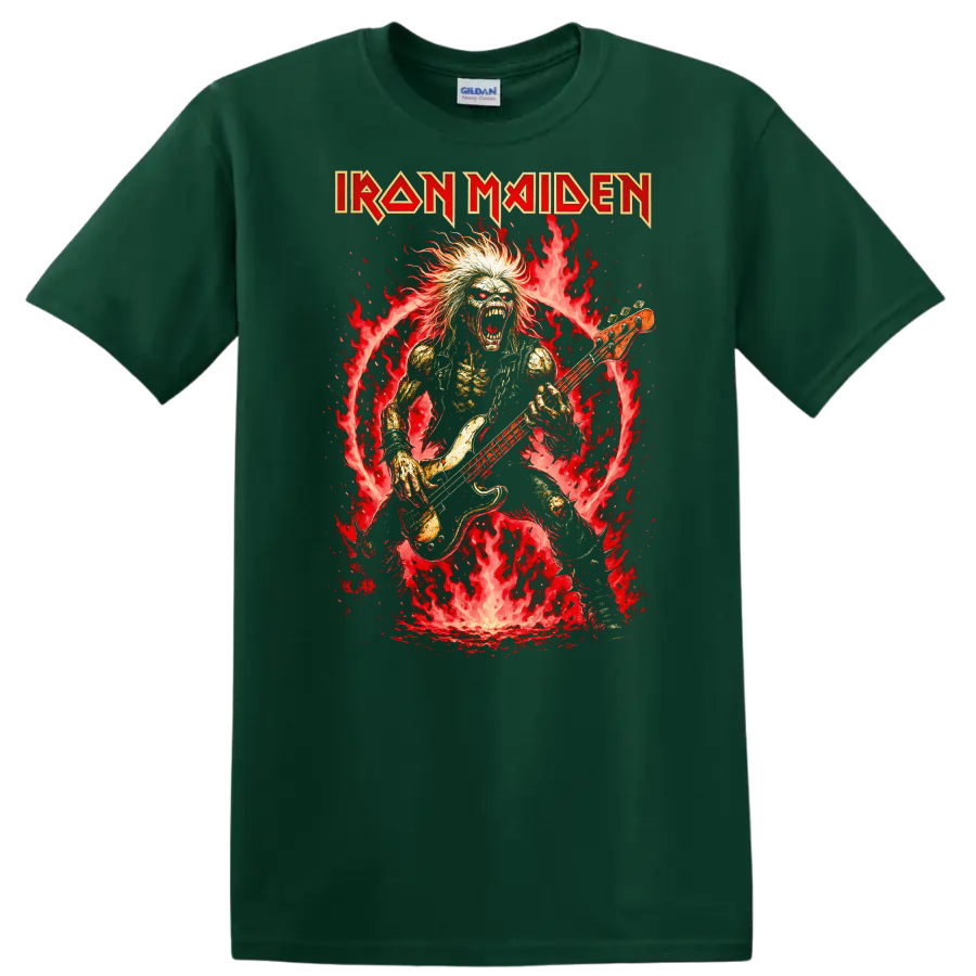 Iron Maiden Heavy Metal Album Cover Flame Bassist T Shirt - Forest Green