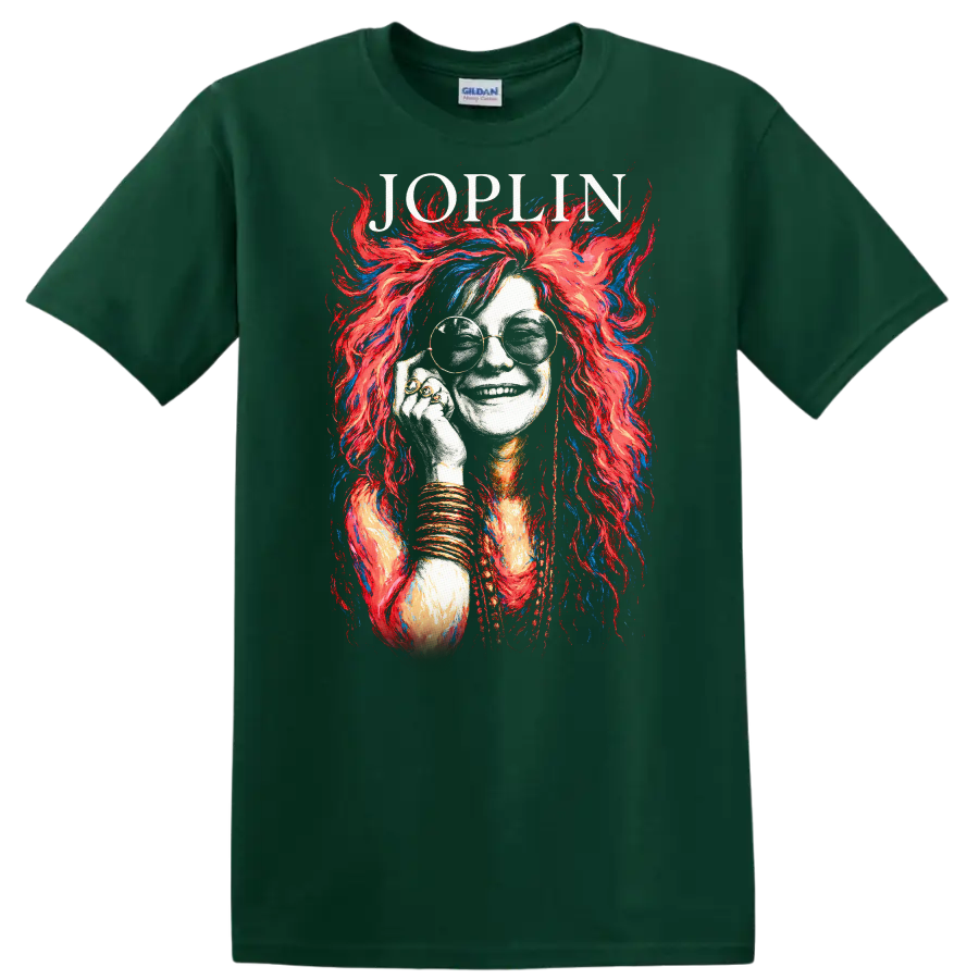 Joplin Retro Rock Heavy Metal Album Style Portrait T Shirt - Forest Green