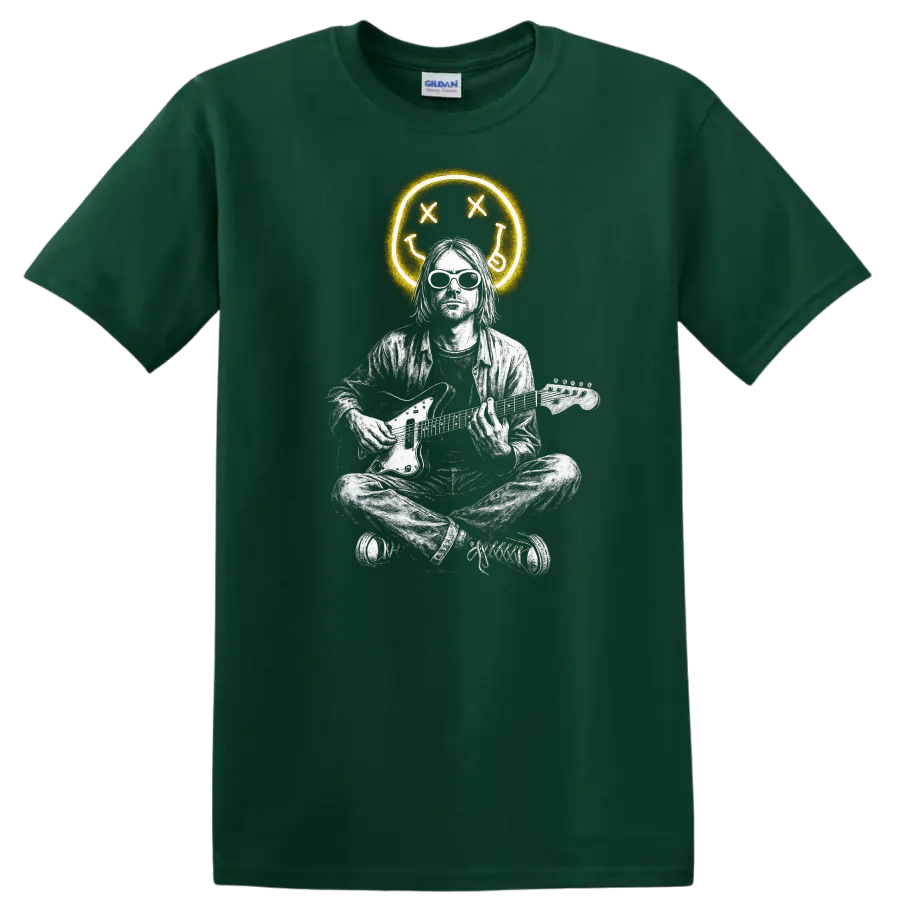 Retro Rock Heavy Metal Nirvana Style Guitar Player T Shirt - Forest Green