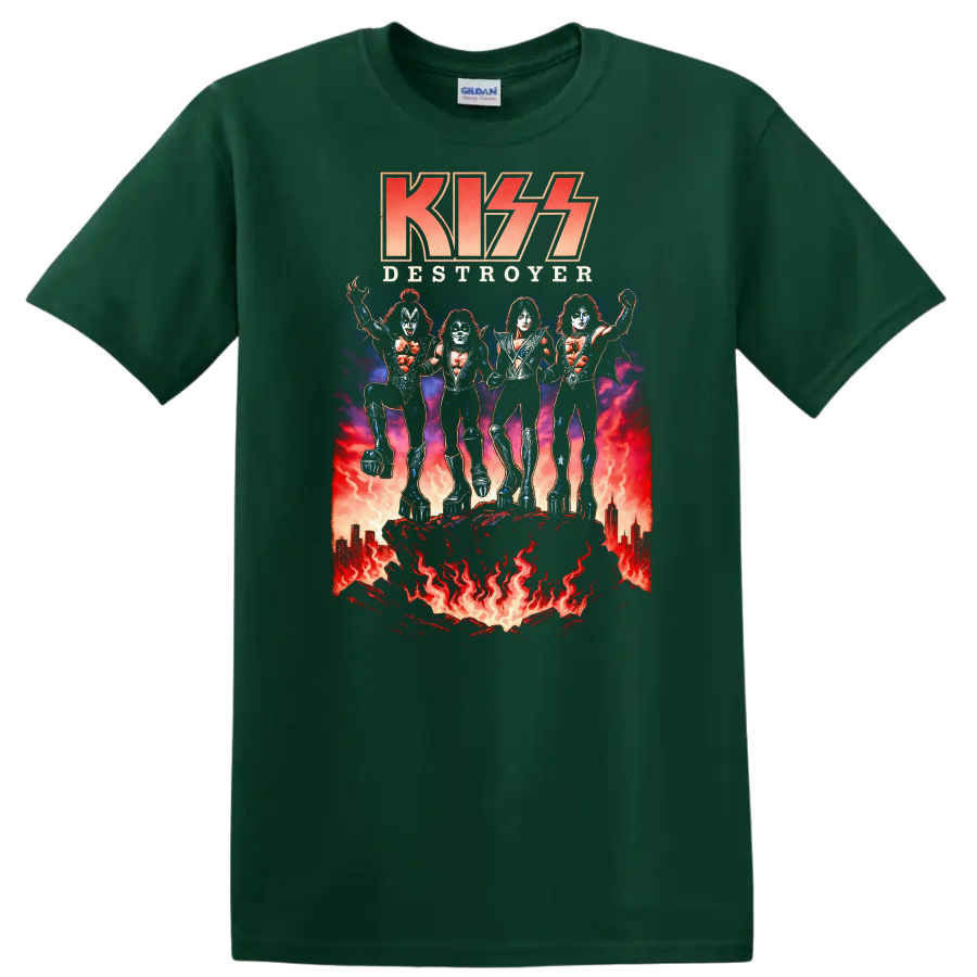 KISS Destroyer Retro Heavy Metal Album Cover Legend Style T Shirt - Forest Green