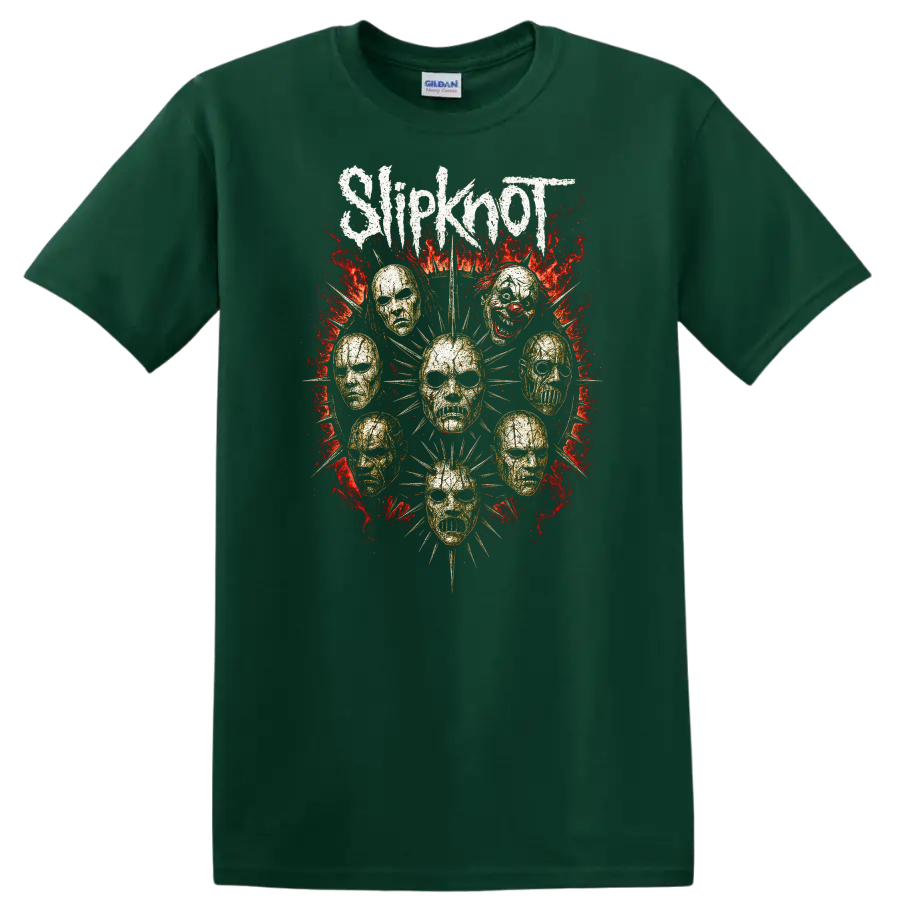 Retro Metal Skull Masks Heavy Rock Album Art T Shirt - Forest Green