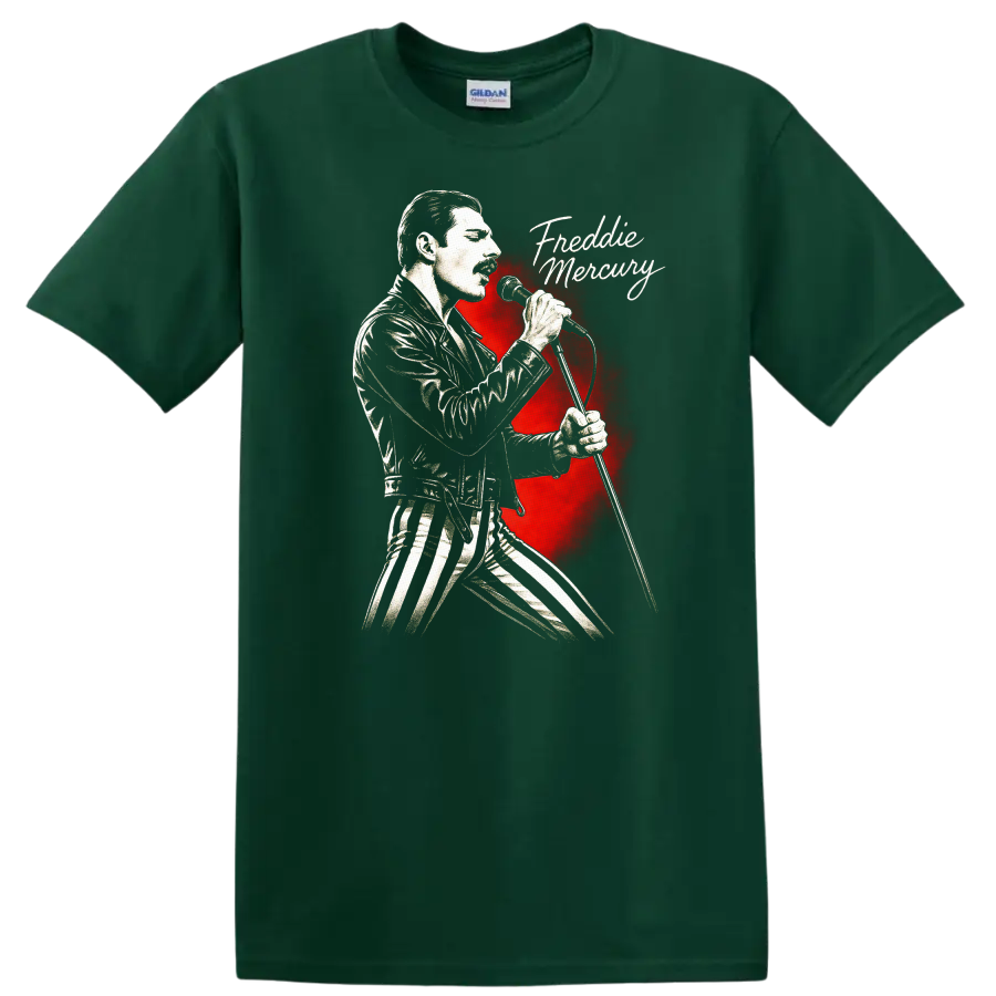Freddie Mercury Retro Rock Heavy Metal Legend Style T Shirt - Forest Green