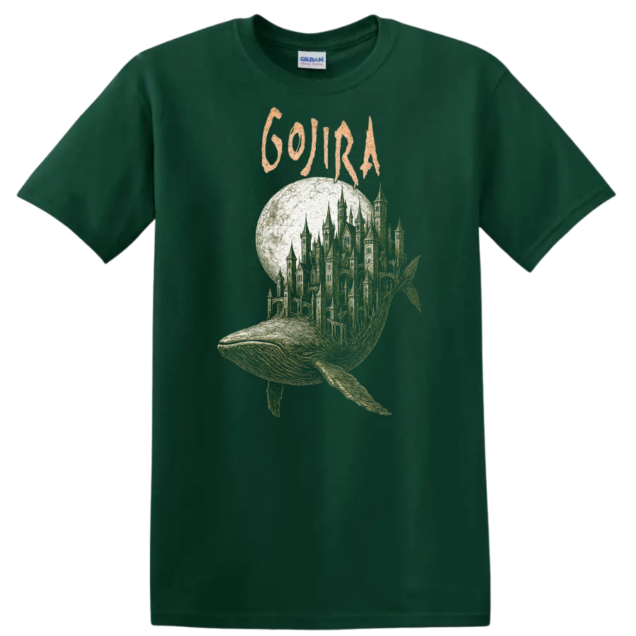 Retro Rock Whale Castle Heavy Metal Album Cover T Shirt - Forest Green