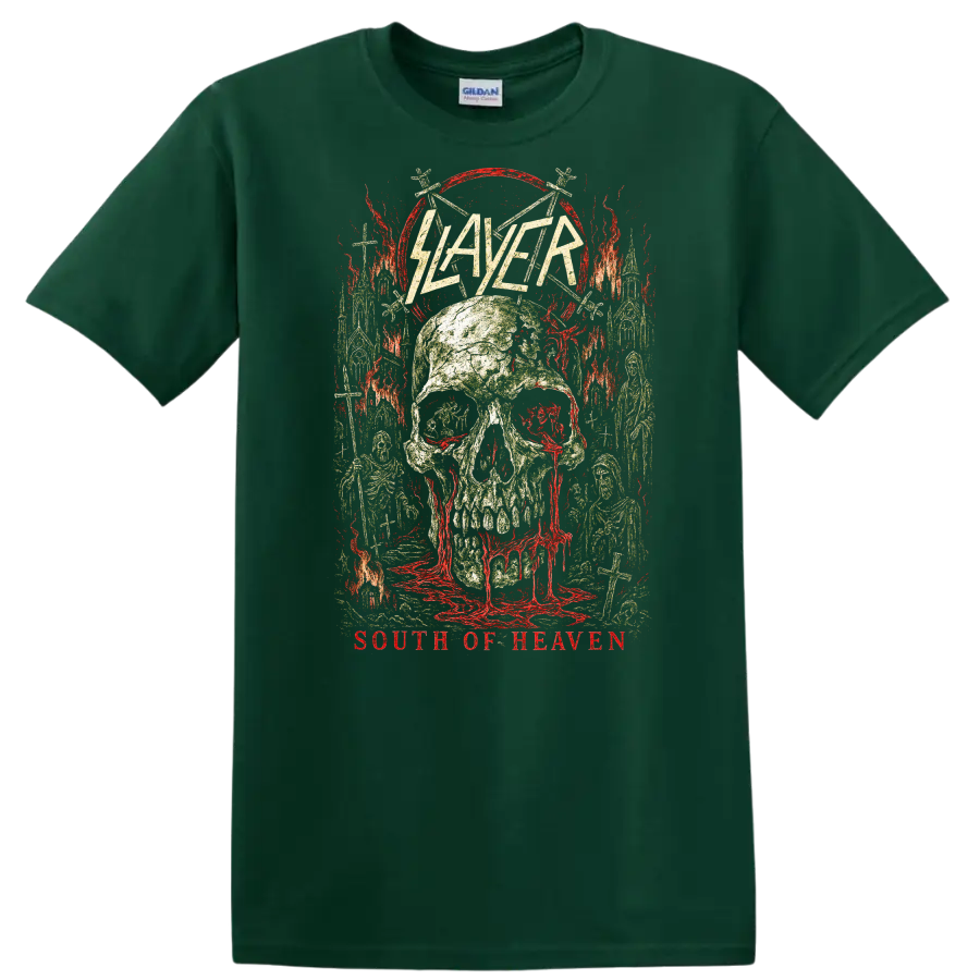 Slayer South of Heaven Retro Heavy Metal Skull T Shirt - Forest Green