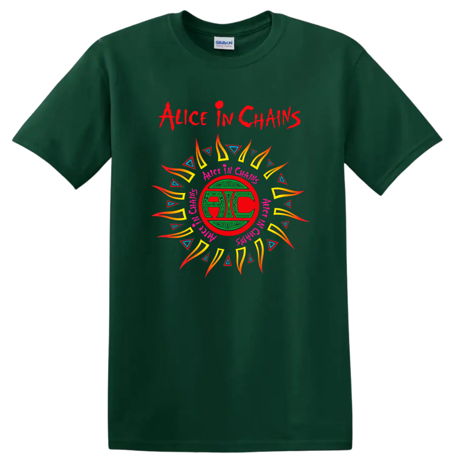 Alice In Chains Retro Heavy Metal Album Art T Shirt on a Forest Green T Shirt