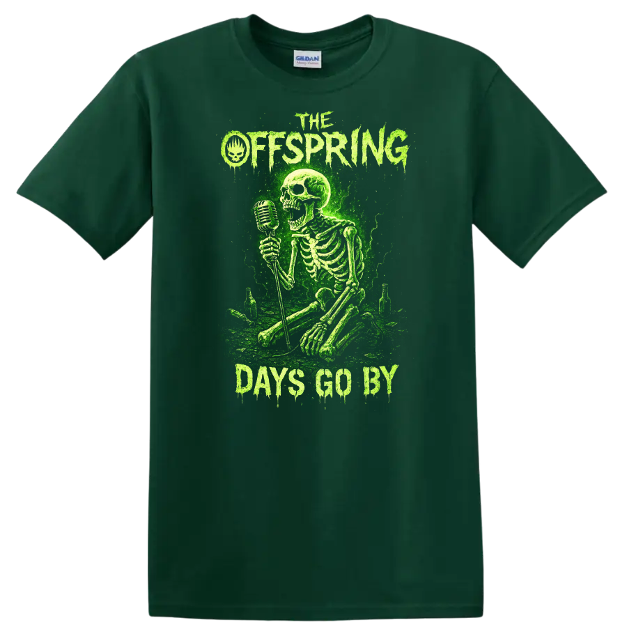 The Offspring Days Go By Green Skeleton Retro Rock T Shirt - Forest Green