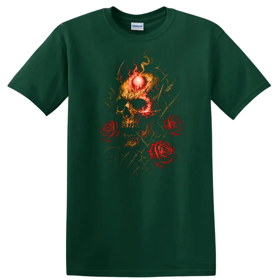 Retro Heavy Metal Skull Roses Fire T Shirt Dark Rock Band Cover Style - Forest Green