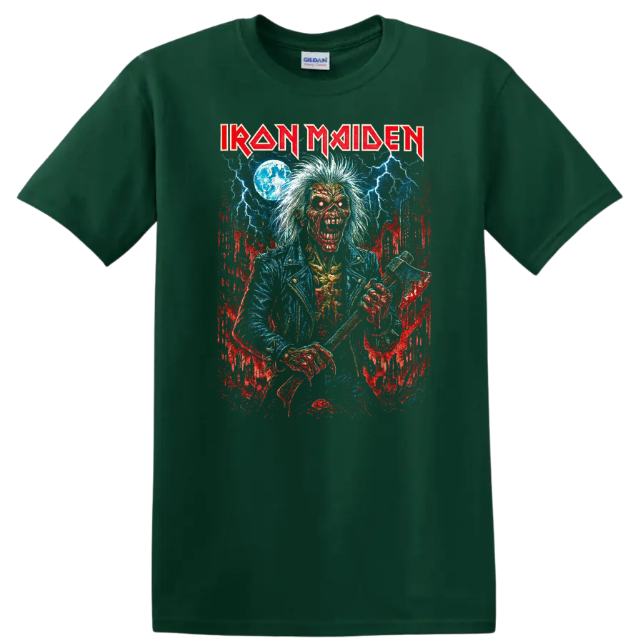 Iron Maiden Retro Heavy Metal Album Art Distressed T Shirt - Forest Green