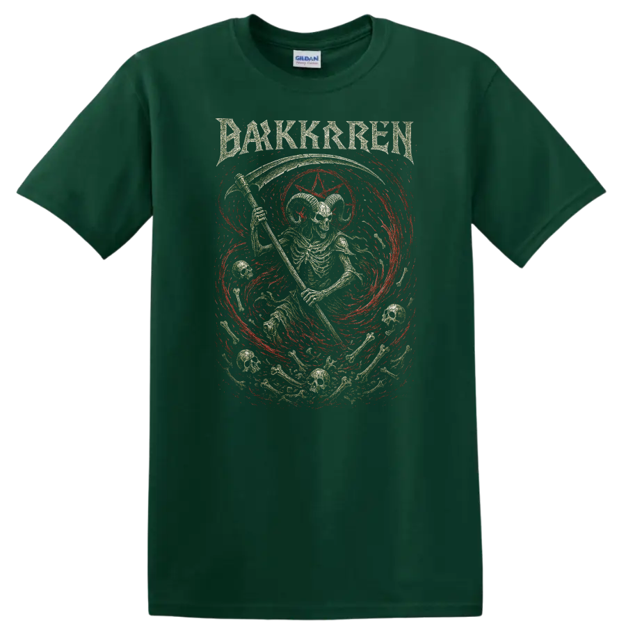 Dark Skren Retro Rock Heavy Metal Skull Album Style T Shirt - Forest Green
