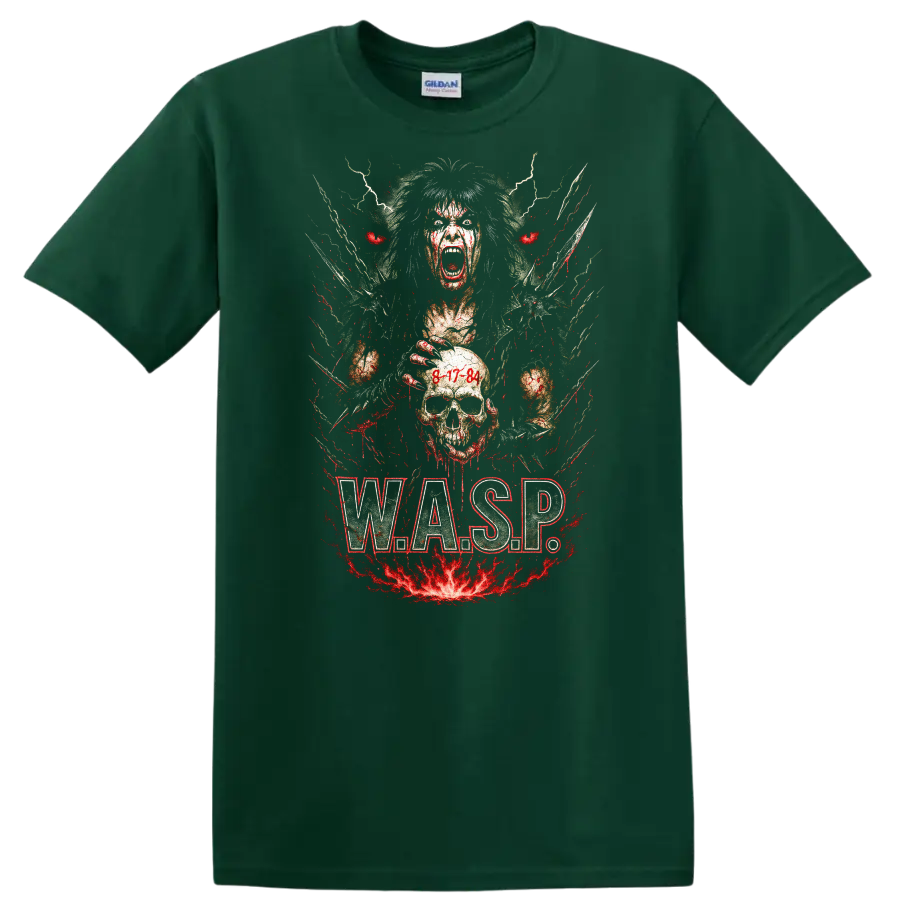 Retro Heavy Metal W.A.S.P. Skull Album Art T Shirt - Forest Green