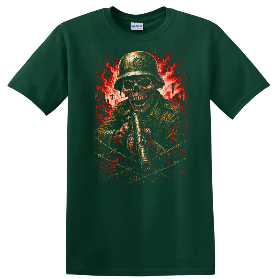 Retro Heavy Metal Skull Soldier Helmet T Shirt Red Explosion Graphic - Forest Green