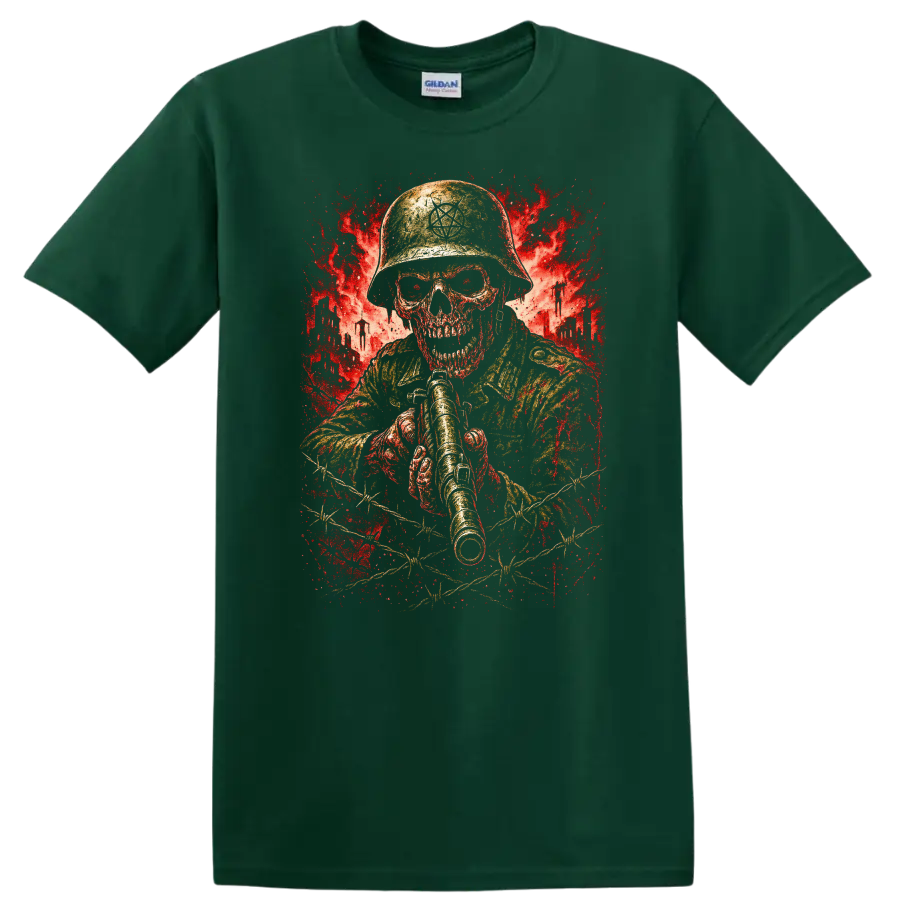 Vintage Classic Rock Album Cover Art T Shirt featuring a skull soldier on a Forest Green T Shirt