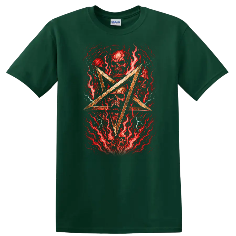 Retro Heavy Metal Skull Pentagram Album Cover Style T Shirt - Forest Green