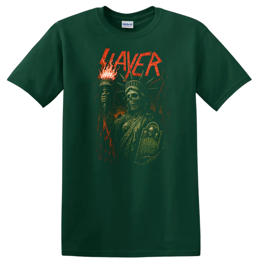 Retro Slayer Heavy Metal Album Art Skull Torch T Shirt - Forest Green