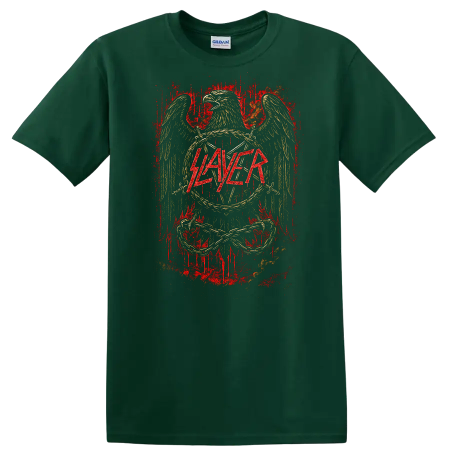 SLAYER Retro Heavy Metal Band Album Cover Style T Shirt - Forest Green