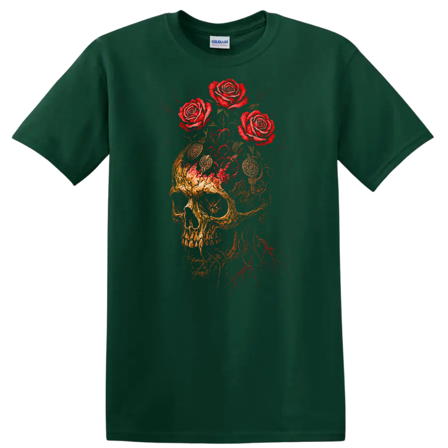 Retro Rock Skull and Roses Heavy Metal Graphic T Shirt - Forest Green
