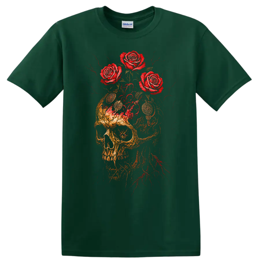 Vintage classic rock skull with roses graphic print T Shirt on a Forest Green T Shirt