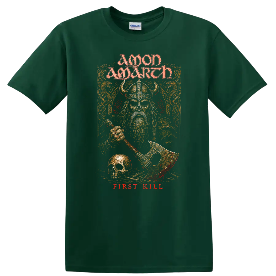 Amon Amarth First Kill T Shirt with Viking warrior design on a Forest Green T Shirt