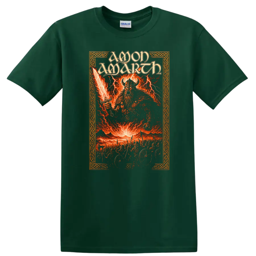 Amon Amarth Viking Heavy Metal Album Art T Shirt on a Forest Green T Shirt