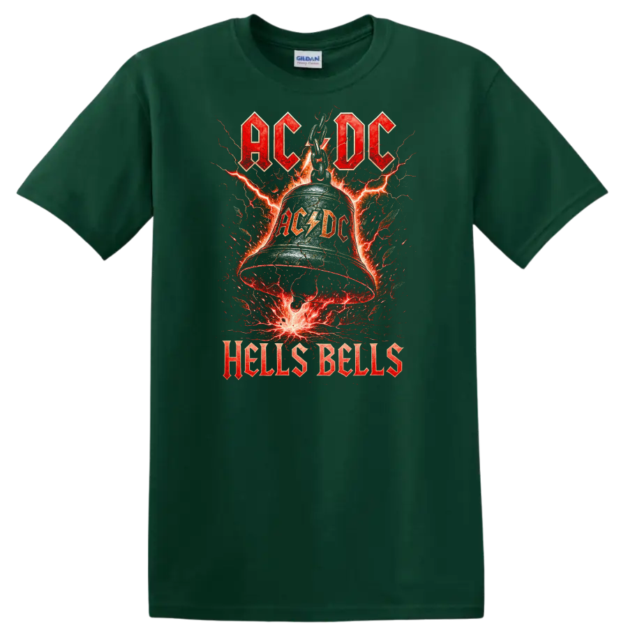 AC/DC Hells Bells Retro Heavy Metal Lightning T Shirt - Forest Green