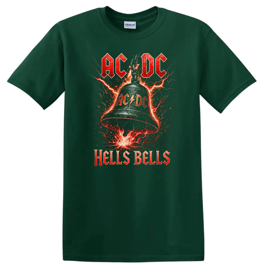 AC/DC Hells Bells Retro Heavy Metal Lightning T Shirt on a Forest Green T Shirt