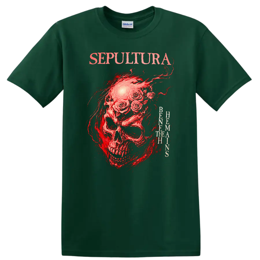 Sepultura Skull Roses Retro Heavy Metal Band Album Cover T Shirt - Forest Green