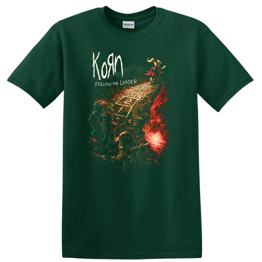 Korn Follow the Leader Retro Heavy Metal Album Art T Shirt - Forest Green