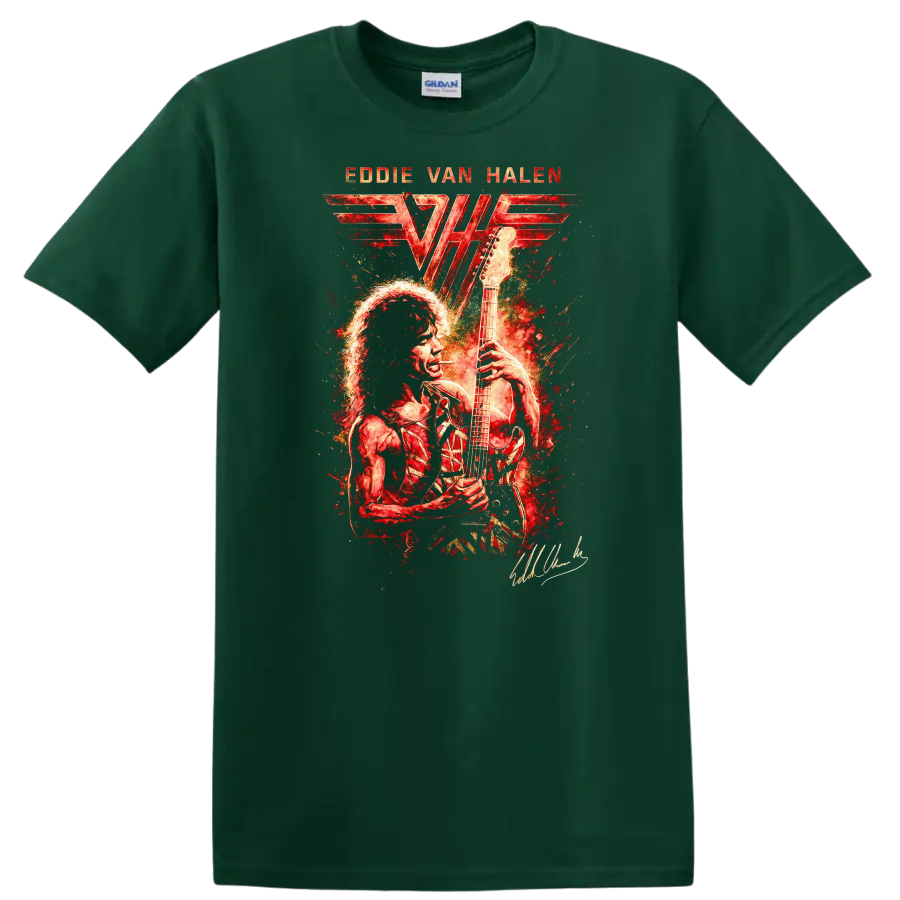Eddie Van Halen Retro Rock Heavy Metal Album Art T Shirt - Forest Green