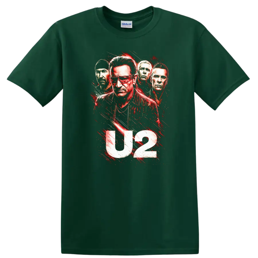 U2 Retro Rock Heavy Metal Album Cover Style T Shirt on a Forest Green T Shirt