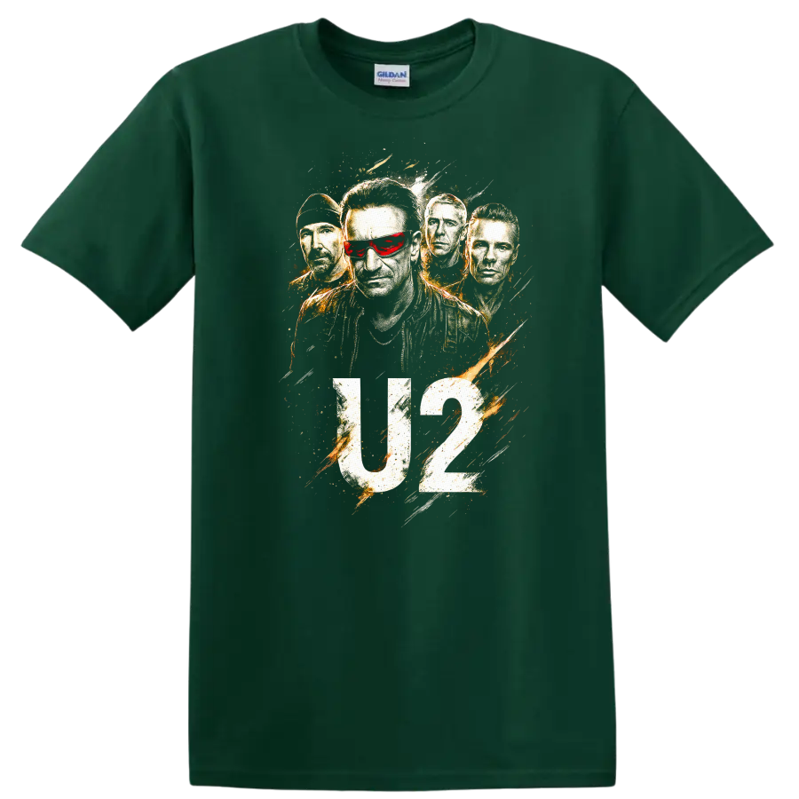 U2 Retro Rock Heavy Metal Album Cover Legend Style T Shirt on a Forest Green T Shirt