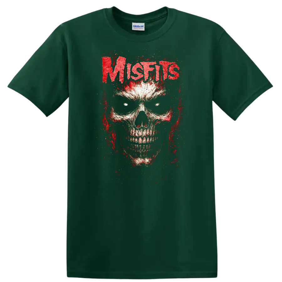 Mistis Blood Skull Retro Heavy Metal Rock Band T Shirt - Forest Green