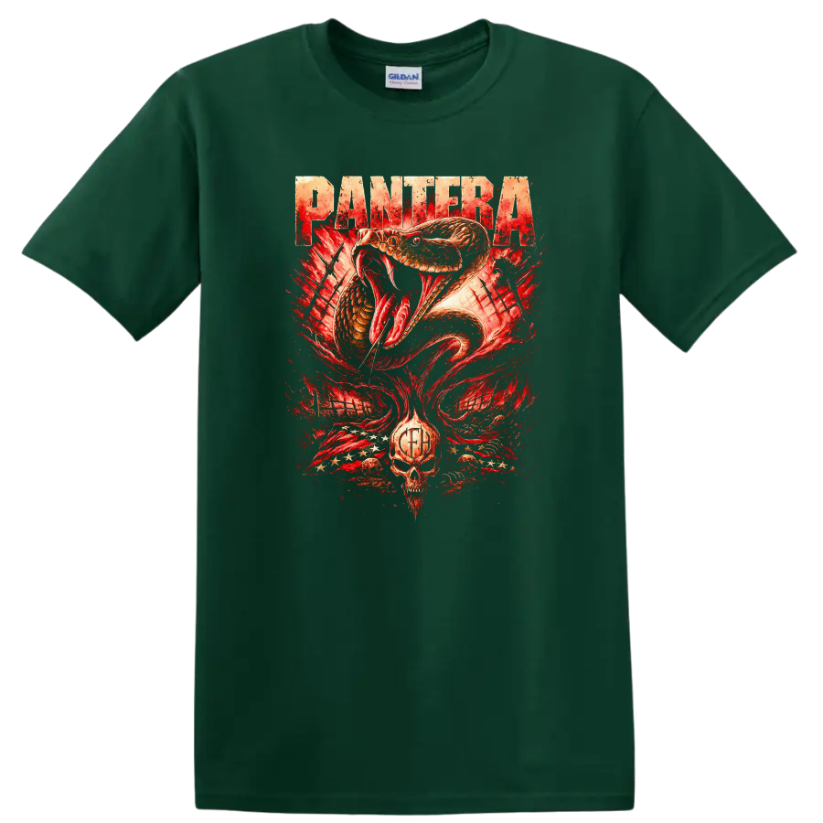 Pantera Retro Heavy Metal Snake Skull T Shirt Album Cover Style - Forest Green