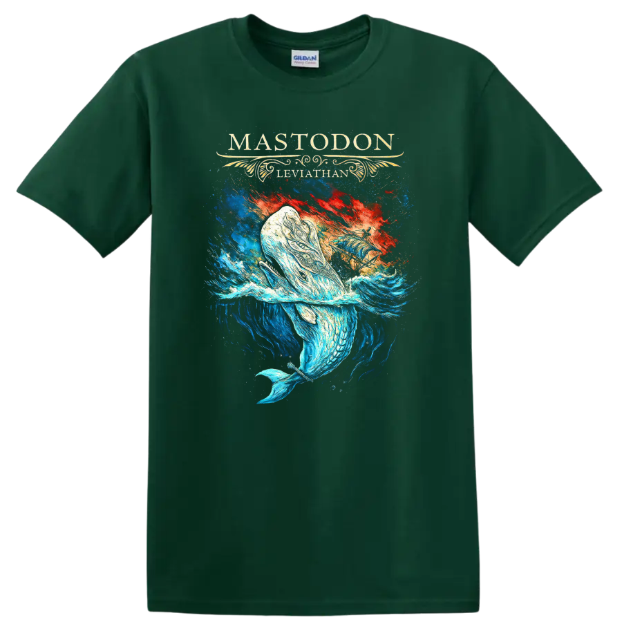 Mastodon Leviathan Retro Heavy Metal Album Art T Shirt on a Forest Green T Shirt