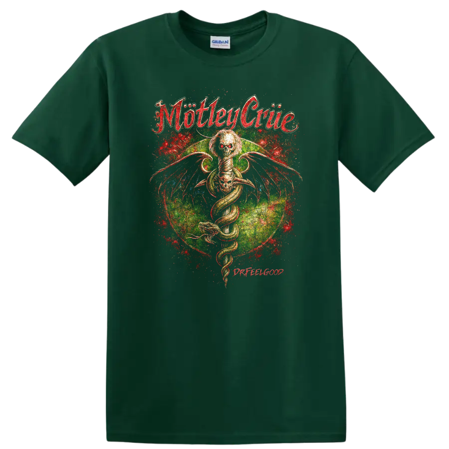 Motley Crue Retro Heavy Metal Album Cover Legend Style T Shirt - Forest Green