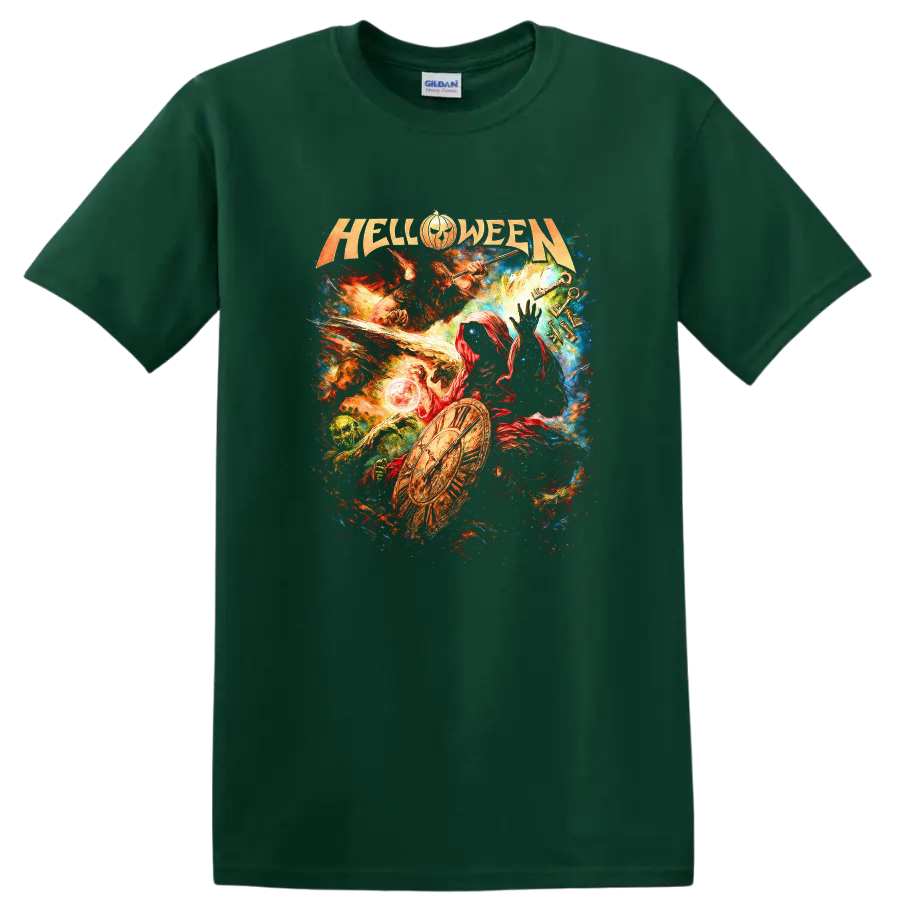 Halloween Heavy Metal Retro Rock Album Cover Style T Shirt - Forest Green