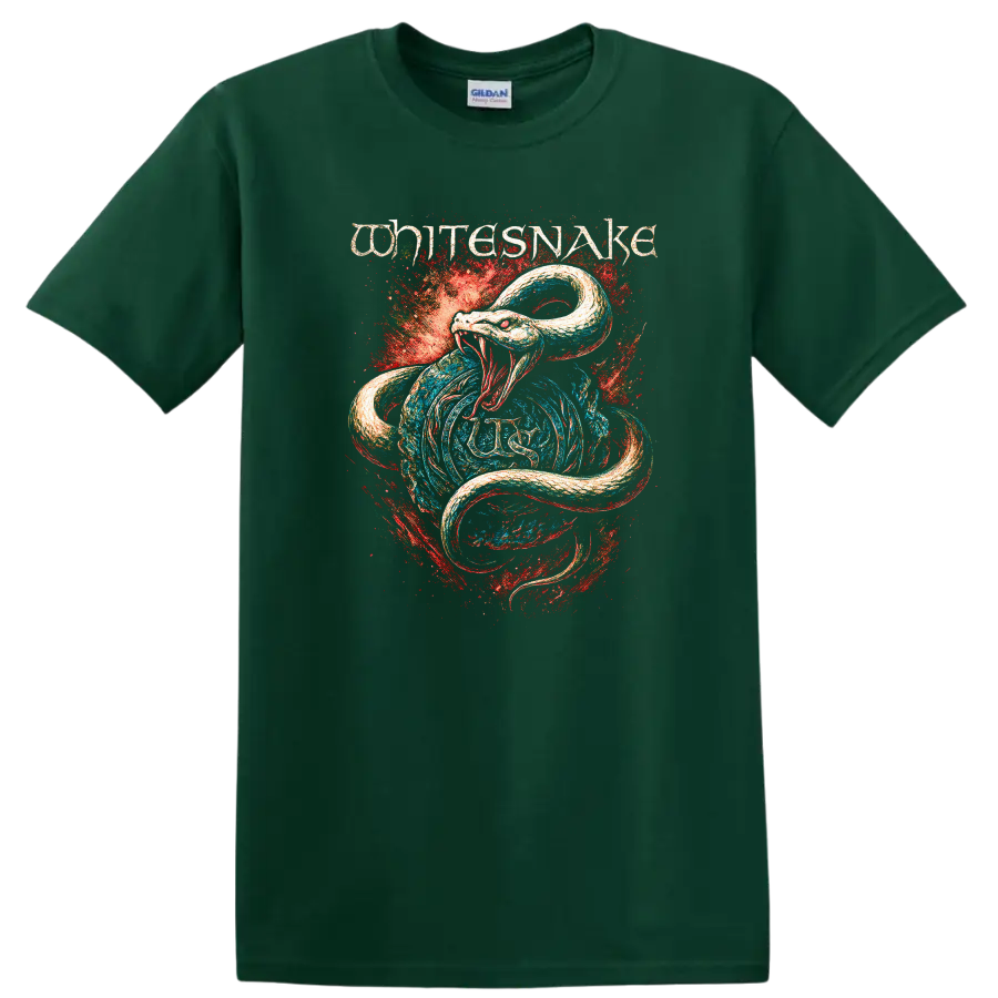 White Snake Retro Heavy Metal Album Cover Style T Shirt - Forest Green