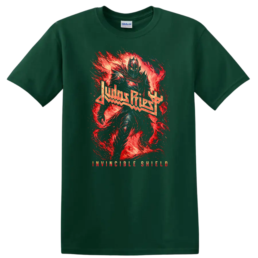 Judas Priest Heavy Metal Flame Art T Shirt Retro Rock Band Tribute - Forest Green