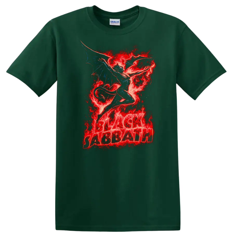 Black Sabbath Retro Heavy Metal Dragon Flames Album Cover T Shirt - Forest Green