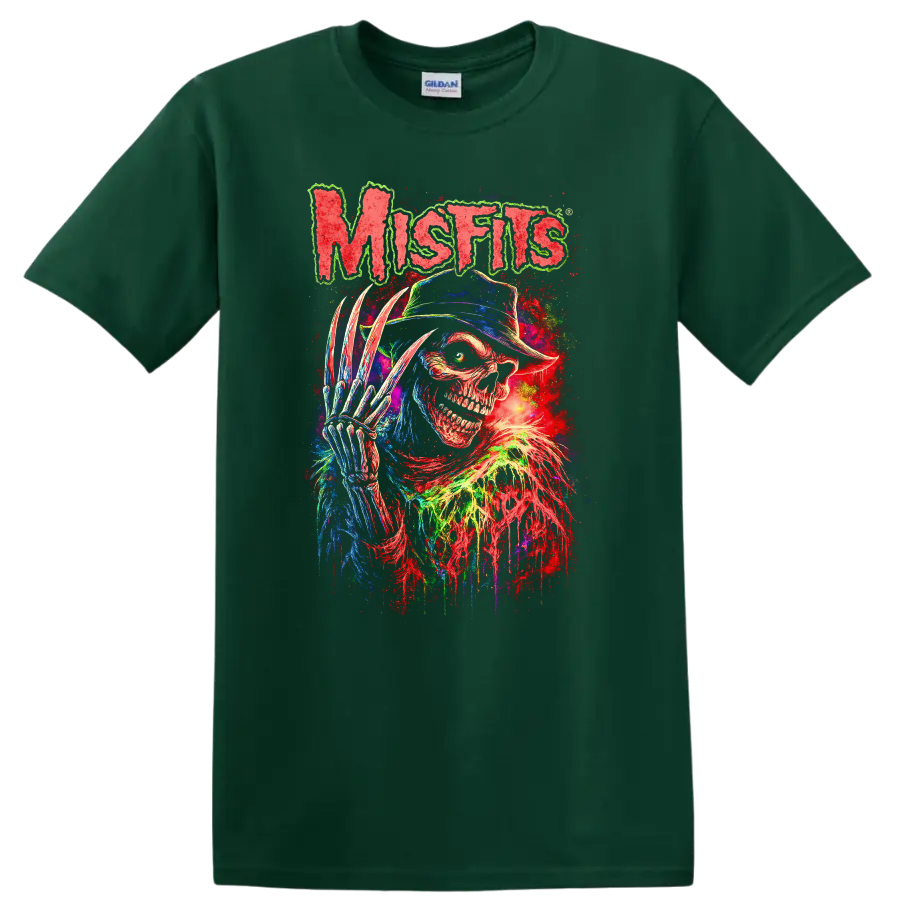 Misfits Neon Horror Skull Retro Rock Heavy Metal T Shirt - Forest Green