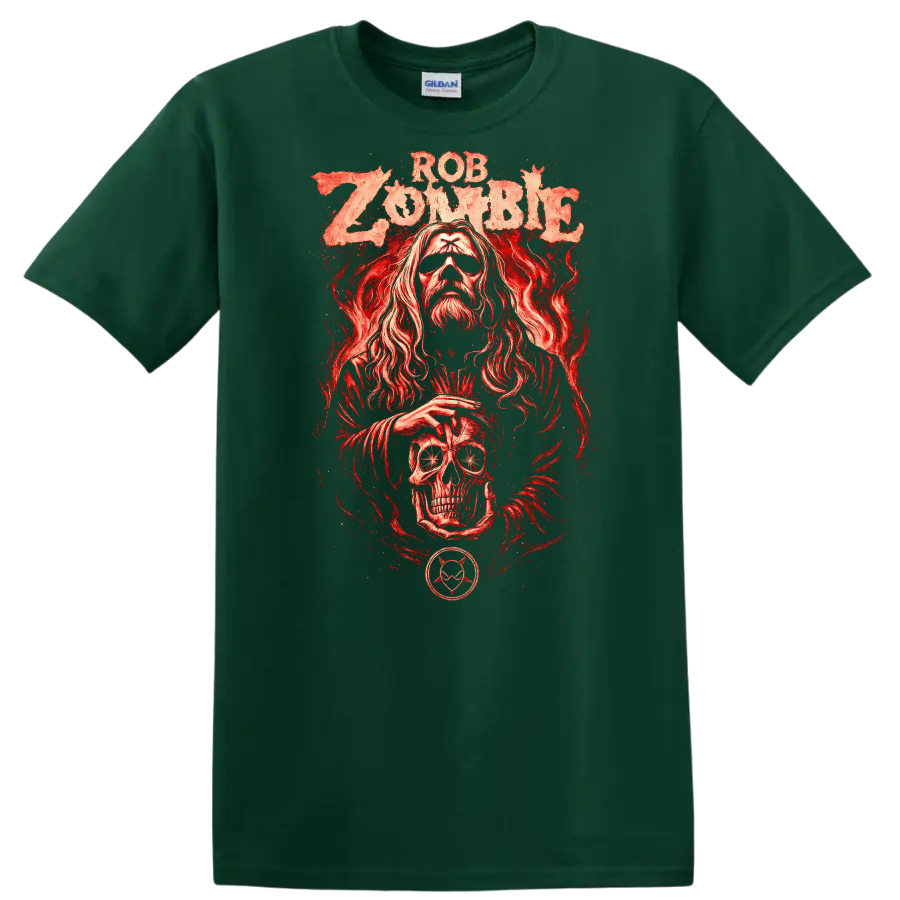 Rob Zombie Heavy Metal Album Art Style Red Graphic T Shirt - Forest Green