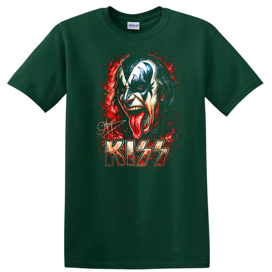 KISS Retro Rock Heavy Metal Face Paint Album Style T Shirt - Forest Green