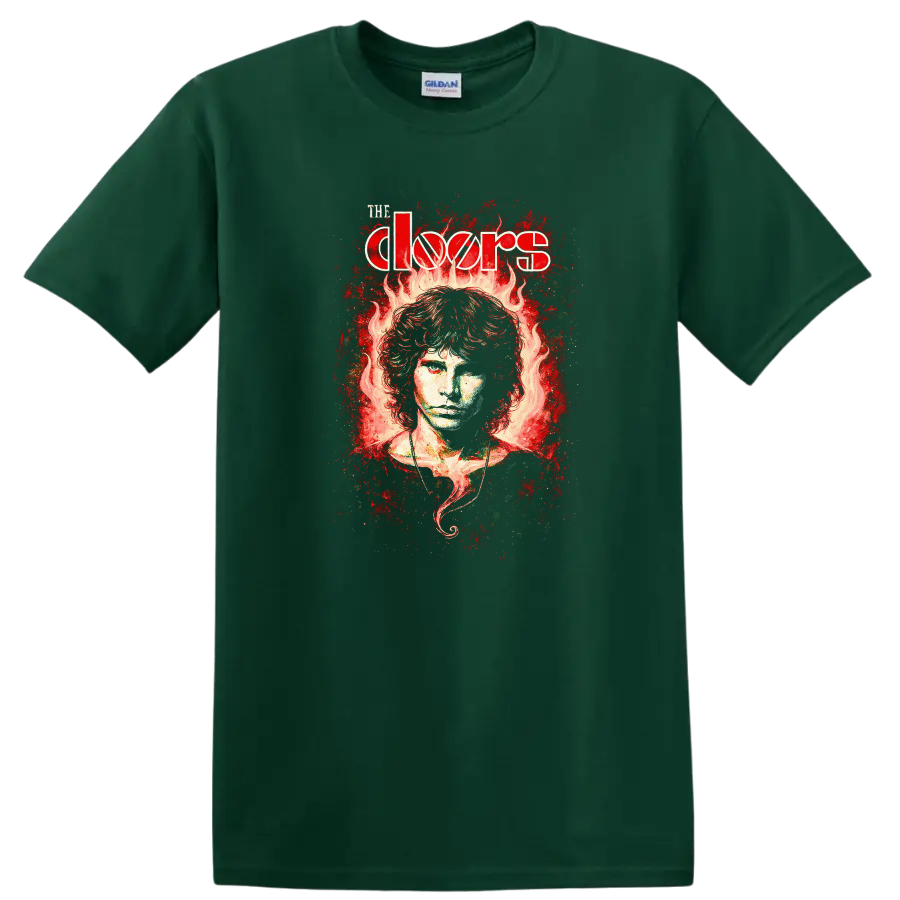 The Doors Retro Rock Flame Portrait Album Cover T Shirt - Forest Green