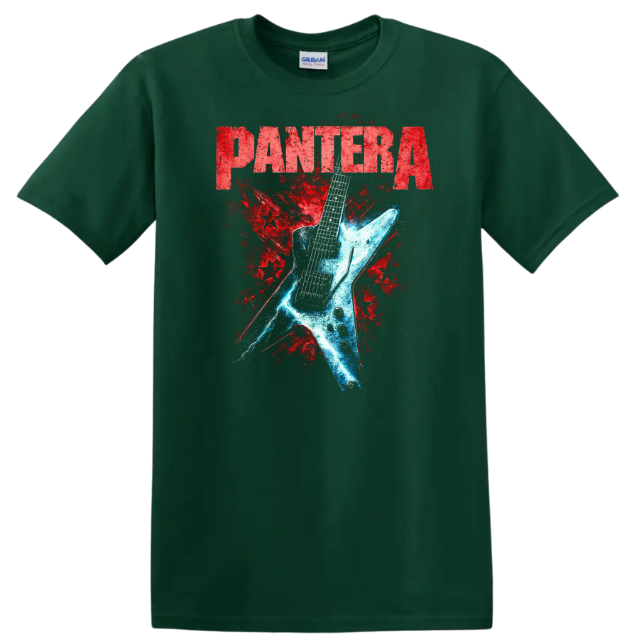 Pantera Retro Heavy Metal Guitar Splash T Shirt - Forest Green