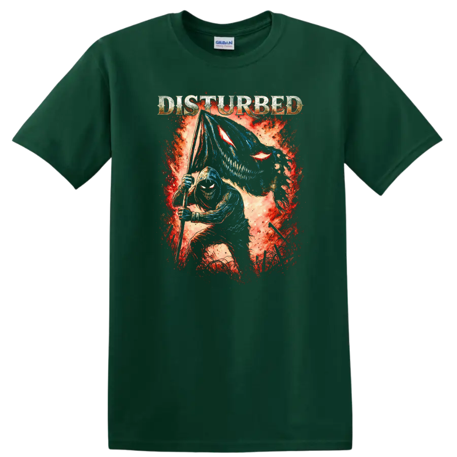 Disturbed Heavy Metal Album Cover Legend Style T Shirt - Forest Green