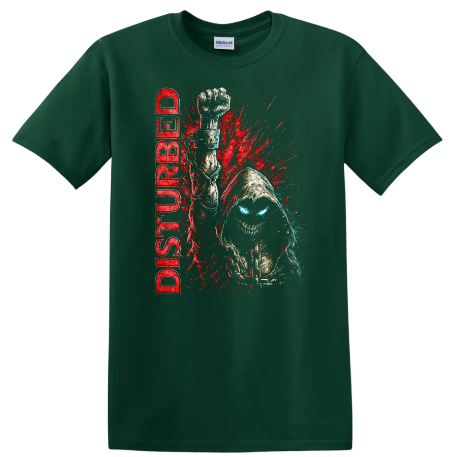 Disturbed Retro Heavy Metal Album Cover Style T Shirt for Rock Fans - Forest Green