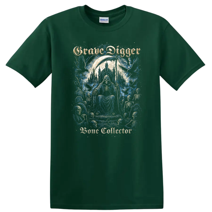 Grave Digger Gothic Skeleton Heavy Metal Band Style T Shirt - Forest Green