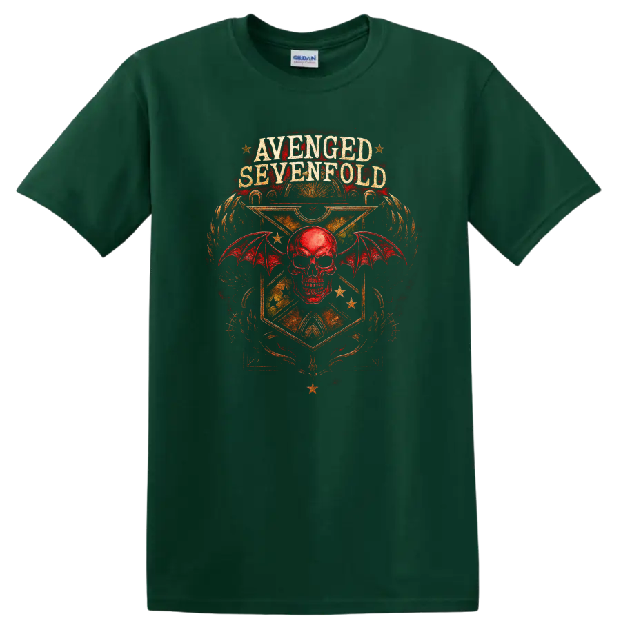 Avenged Sevenfold Retro Heavy Metal Skull Wings T Shirt on a Forest Green T Shirt