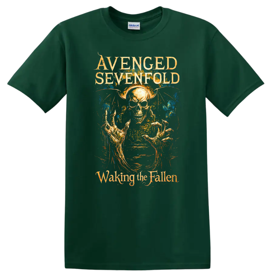 Avenged Sevenfold Waking the Fallen Retro Metal Album Art T Shirt on a Forest Green T Shirt